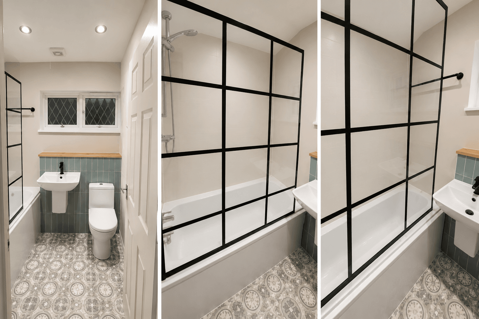 Completed bathroom refurbishment with bath screen, tiled splashback, basin, toilet, and patterned flooring