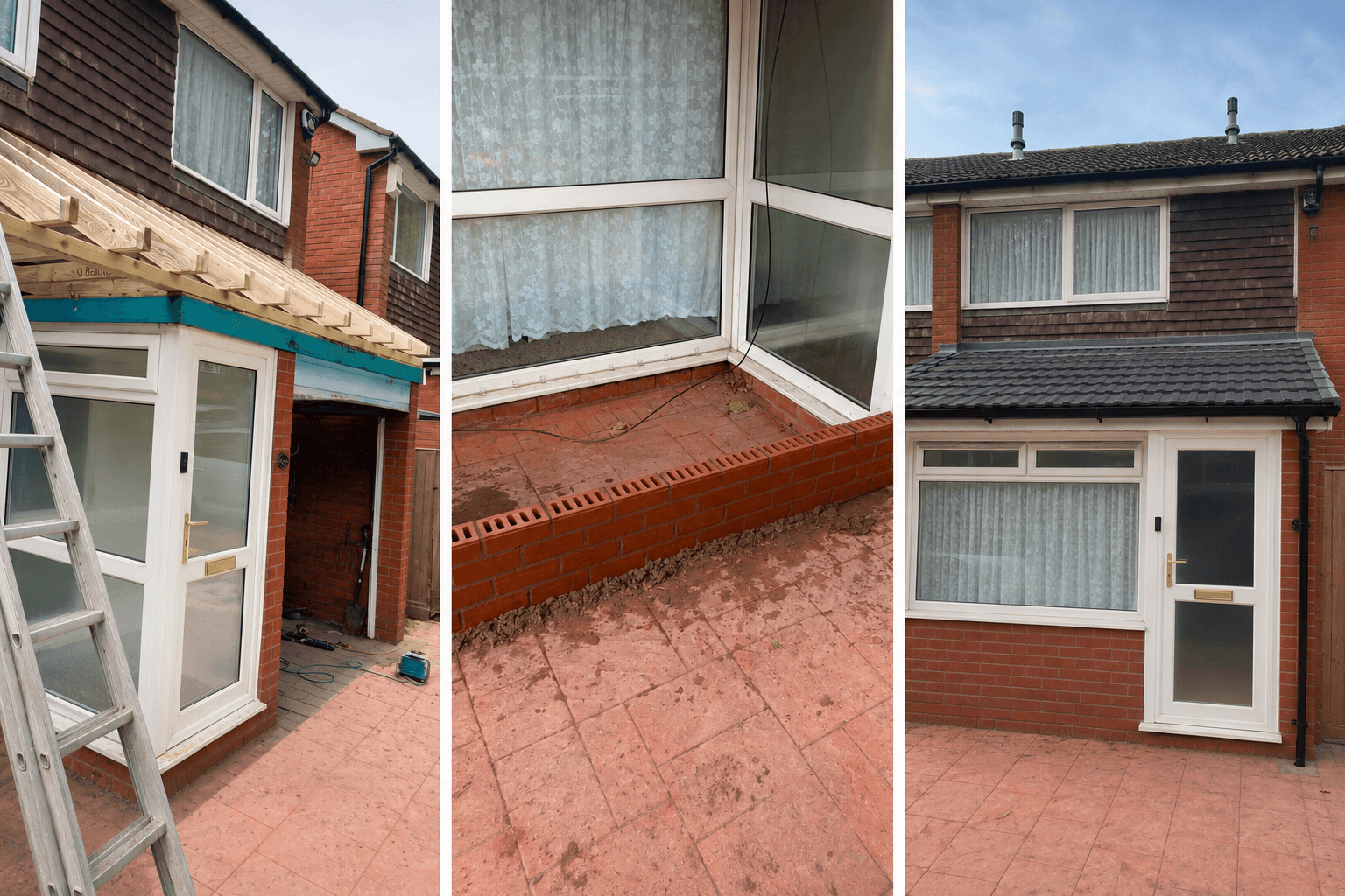 Porch improvement showing roof construction, brickwork, and completed external front entrance