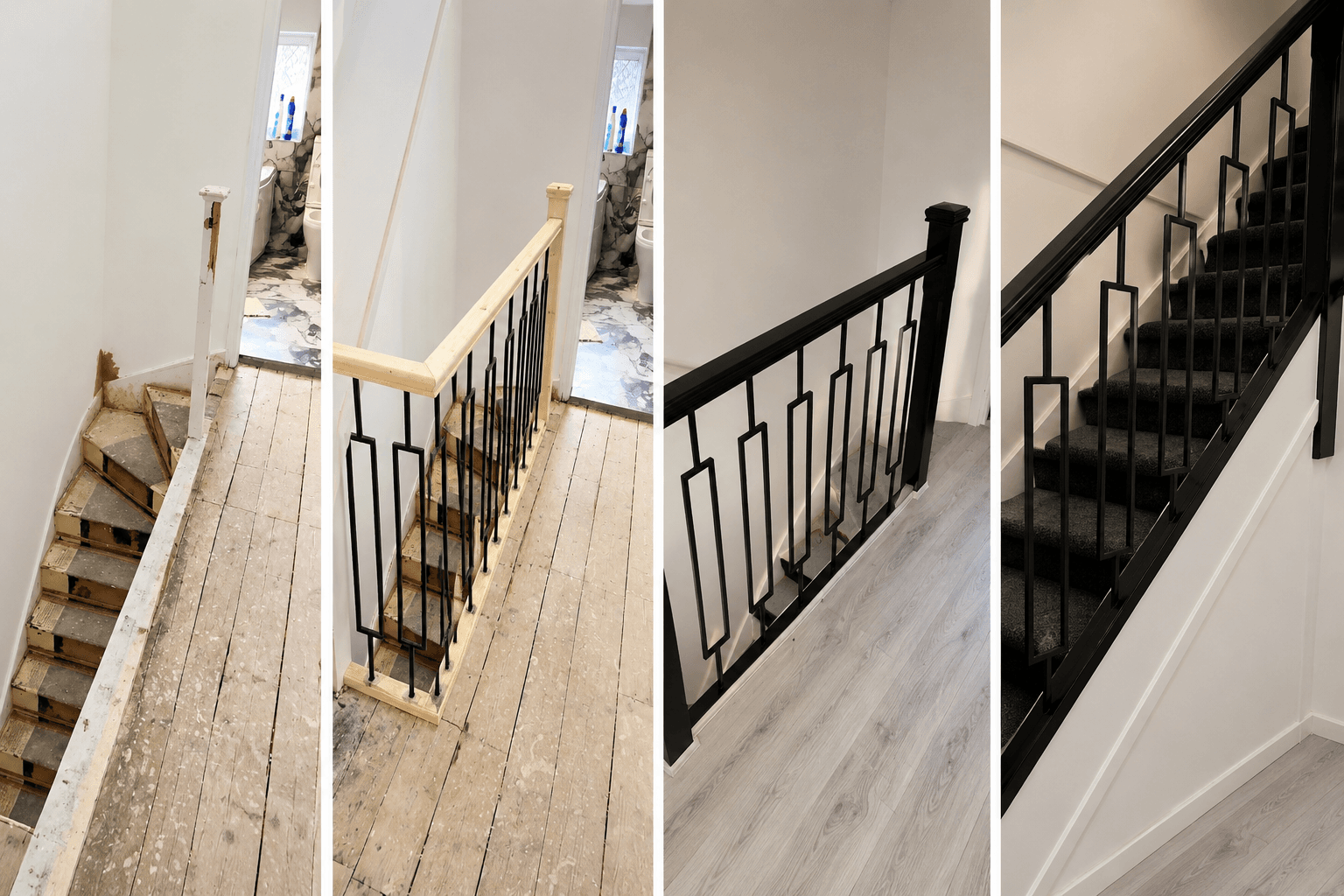 Staircase refurbishment from preparation through to black handrail, decorative spindles, flooring, and stair carpet